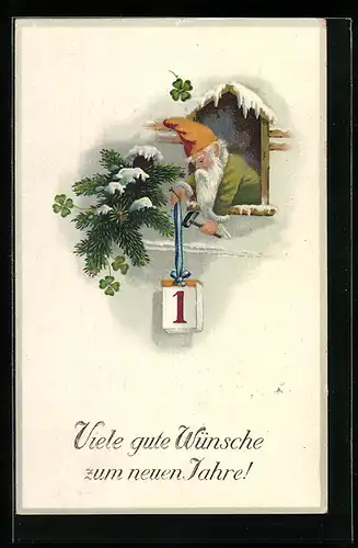 AK Zwerg mit Kalenderblatt und Tannenzweigen