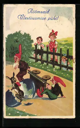 AK Zwerge mit umgekipptem Karren, Hase bricht aus