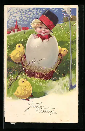 AK Junge schlüpft aus Osterei, Osterküken