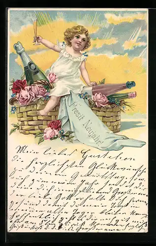 AK Mädchen mit Sektflasche zu Neujahr