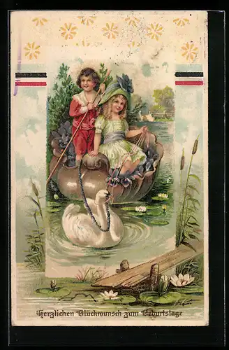 AK Beste Wünsche zum Geburtstag, Kleines Paar im Schwanenboot