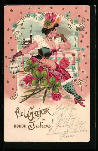 AK Dame mit Glücksschwein und Kleeblättern