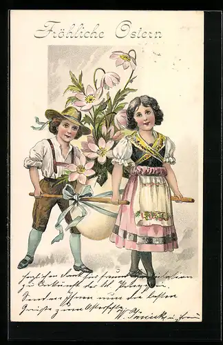 AK Fröhliche Ostern, Paar in Tracht mit Blumen
