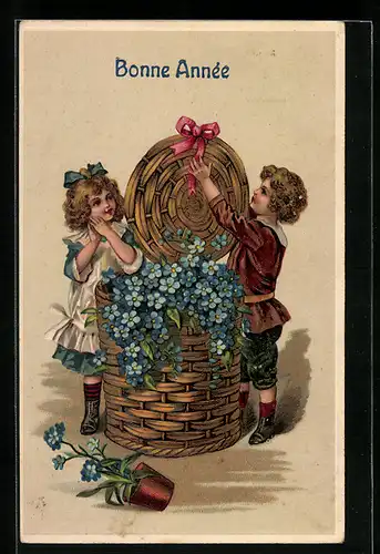 AK Kinder verpacken Vergissmeinnicht, Neujahr
