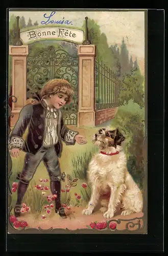 AK Junge mit Hund, Bonne Fete, Glückwunsch
