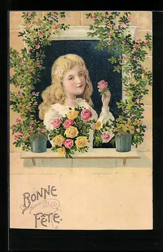 AK Mädchen mit Rosen zum Geburtstag