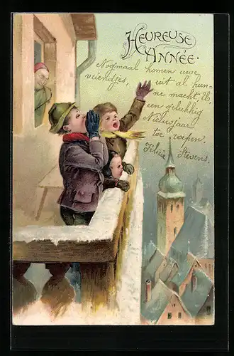 AK Kinder rufen vom Balkon im Winter, Neujahrsgruss