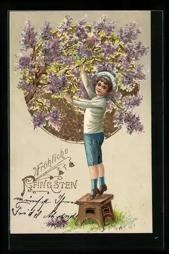 AK Junge pflückt Flieder zu Pfingsten