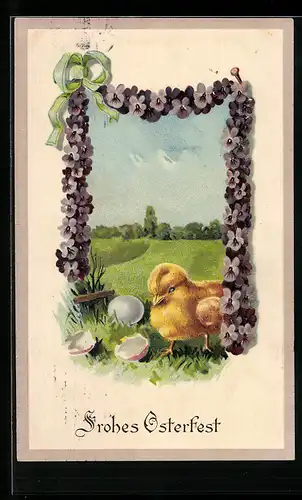 AK Osterküken mit Veilchen