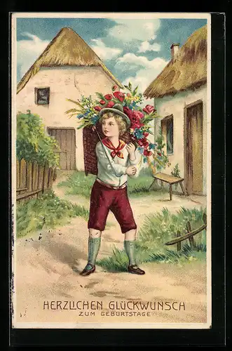 AK Bub mit Korb voller bunter Blumen zum Geburtstag
