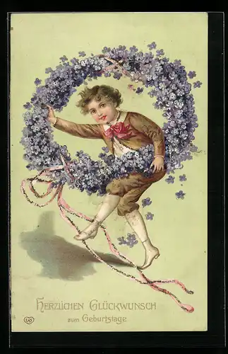 AK Junge mit Blumenkranz zum Geburtstag