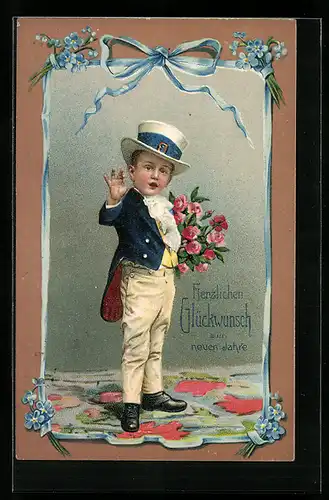 AK Kleines Kerlchen im Frack mit Rosenstrauss zu Neujahr
