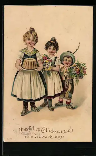 AK Kinder mit Blumen und Kuchen, Geburtstag