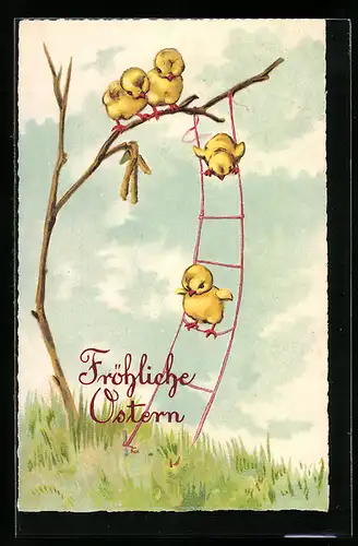 AK Osterküken sitzen auf einer Leiter