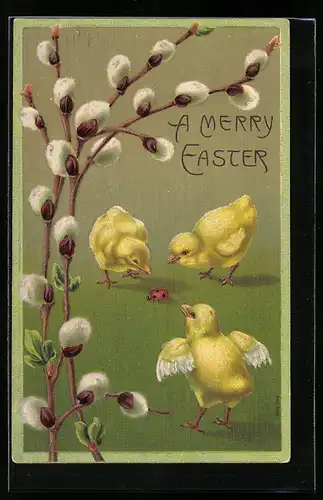 Künstler-AK Osterküken, Weidenkätzchen, Ostergruss, Marienkäfer