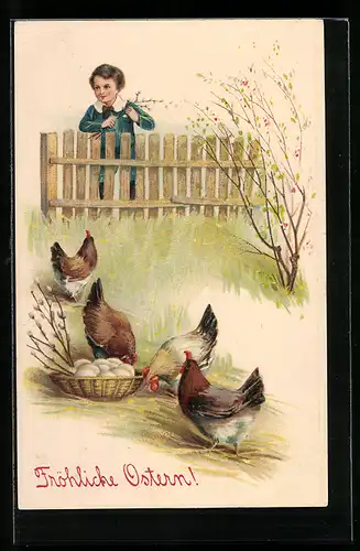 AK Hühner mit Ostereierkorb zum Feste
