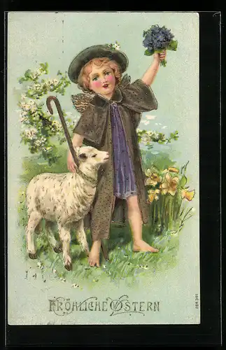 AK Frohe Ostern, Hirtenkind mit Lamm