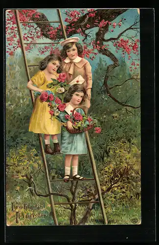 AK Drei Kinder auf einer Leiter mit Blumen, Pfingsten