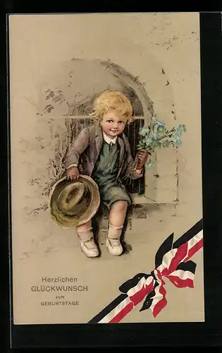 AK Junge mit Vergissmeinnicht zum Geburtstag