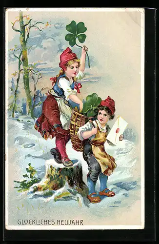 AK Mädchen in Tracht hält ein vierblättriges Kleeblatt empor - Neujahrsgruss