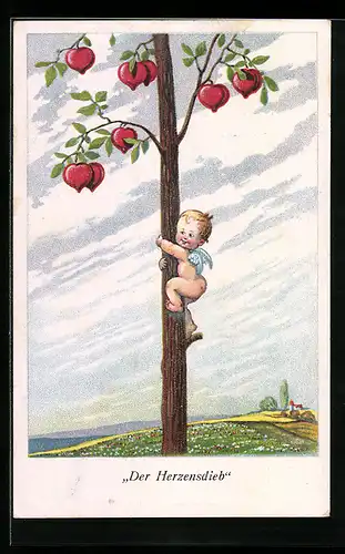 AK Engelchen klettert Baum hinauf, Der Herzensdieb, Herzen