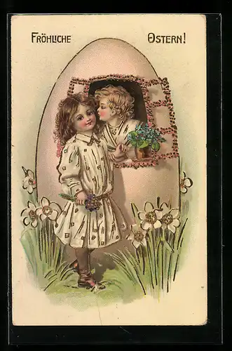 AK Knabe schenkt einem Mädchen aus dem Fenster eines Eierhauses einen Kuss, Fröhliche Ostern