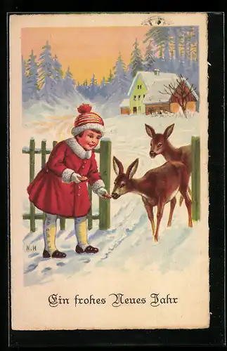 AK Junge füttert Rehe zu Neujahr
