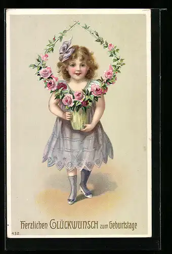 AK Mädchen mit Blumengesteck zum Geburtstag