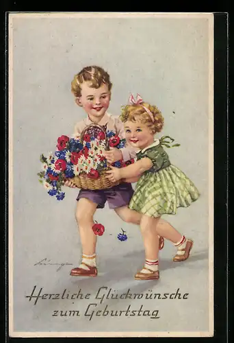 AK Kinder mit Blumenkorb zum Geburtstag