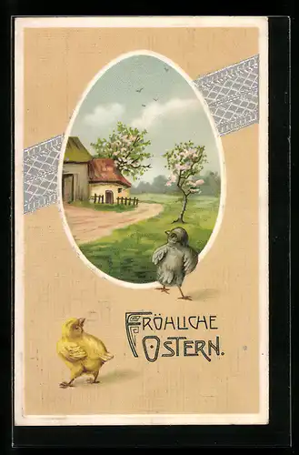 AK Osterküken in Dorflandschaft