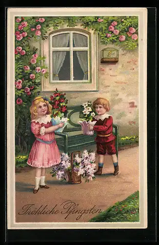AK Kinder mit Blumengestecken zu Pfingsten