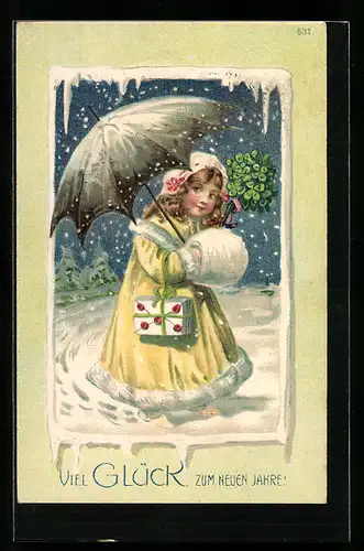 Lithographie Mädchen wandert im Wintermantel durch den Schnee mit Schirm, Klee und Briefen, Neujahr