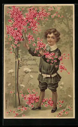 Künstler-AK Kind schneidet Blüten von einem Strauch zum Geburtstag