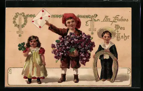 AK Kinder mit Blumen, Hufeisen und Post