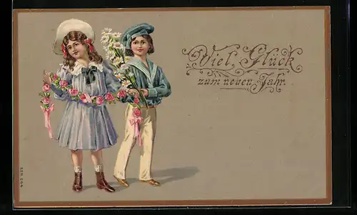 AK Mädchen und Junge im Matrosen-Anzug zu Neujahr