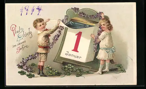 AK Kinder reissen Kalenderblatt ab zu Neujahr, Kleeblatt