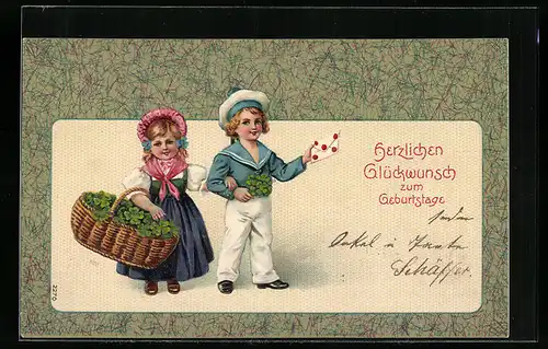 AK Kinder mit Kleeblatt-Korb