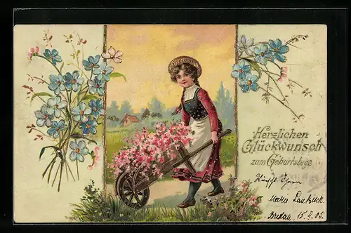 AK Dame mit Karren voller Blüten