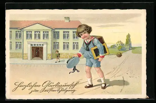 AK Junge mit kleiner Tafel zum Schulanfang