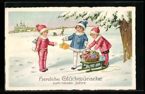 AK Kinder transportieren Geschenke mit einem Schlitten, Puppe, Neujahr