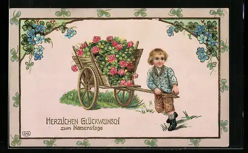 AK Glückwunsch zum Namenstag, Junge mit Karren voller Kleeblättern