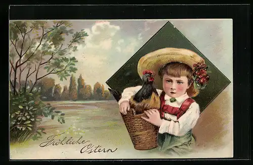 AK Junge mit Hahn im Korb, Ostern