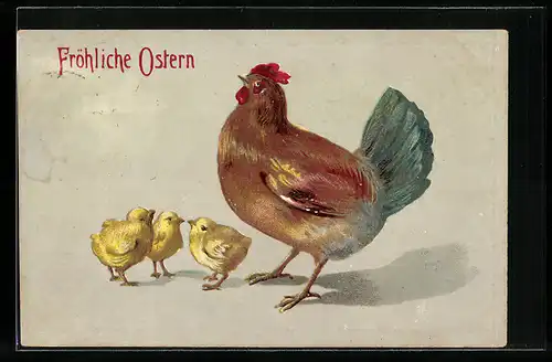 AK Huhn mit Osterküken zum Fest
