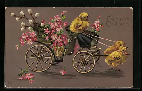 AK Osterküken ziehen eine Kutsche