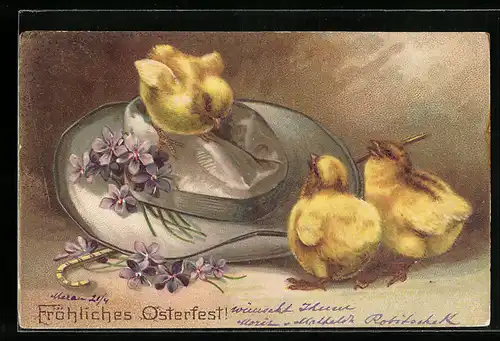 AK Osterküken auf dem Hut, Veilchen