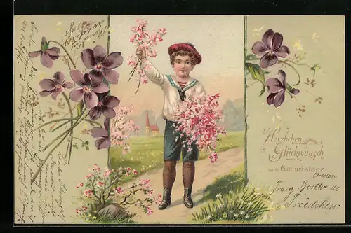 AK Ein Junge mit hübschen Blumen zum Geburtstag