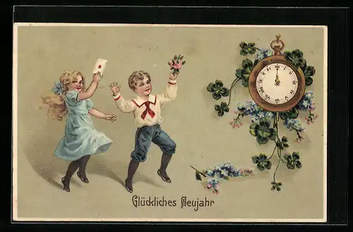 AK Kinder tanzen zu Neujahr, Kleeblätter ranken um eine Uhr