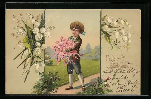 Lithographie Glückwunsch zum Geburtstage, Knabe mit Blumen, Maiglöckchen