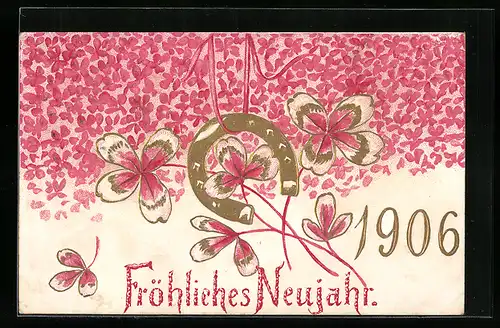 AK Jahreszahl mit Veilchen und Hufeisen, Neujahrsgruss 1906