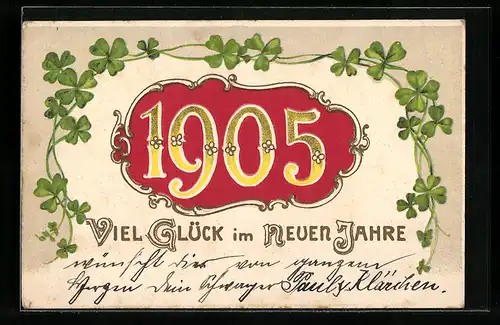Lithographie Jahreszahl 1905, Kleeblätter, Neujahr